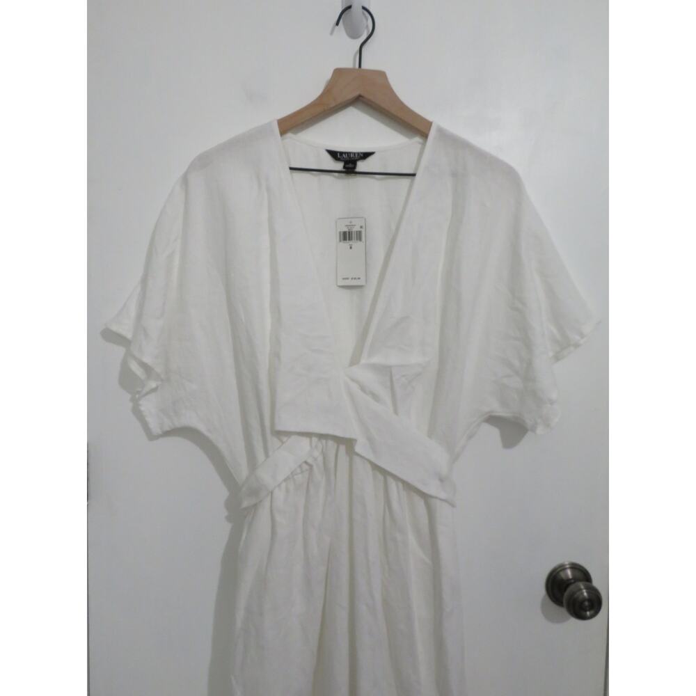 Lauren Ralph Lauren Womens Sz 8 White Belted Linen Wrap Style Dress Midi Summer - Picture 3 of 7